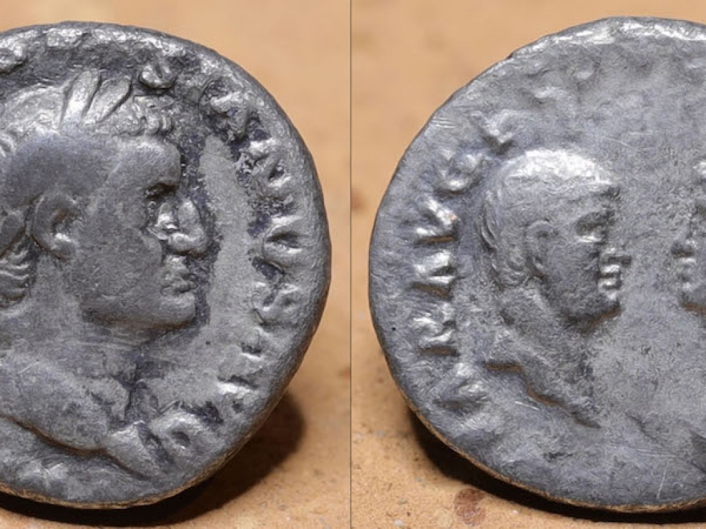 Rare Roman denarius Vespasianus with his two sons Titus and Domitian